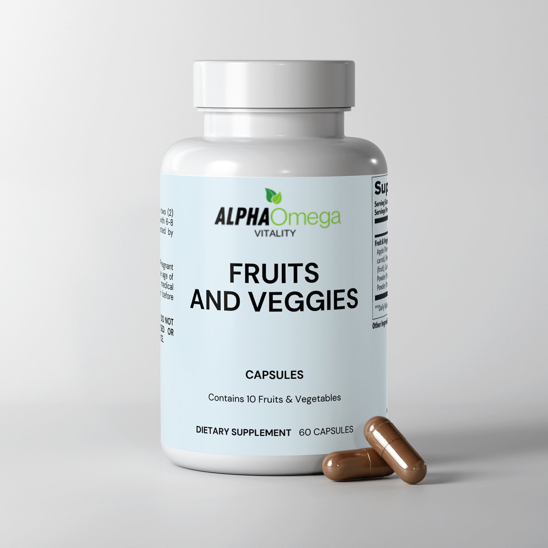 Alpha Omega Vitality natural fruits and veggies capsules in a bottle with 60 dietary supplements