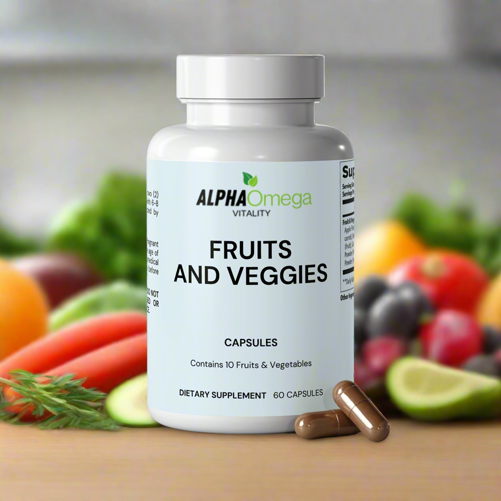 Alpha Omega Vitality natural fruits and veggies capsules with 60 dietary supplement capsules for health support