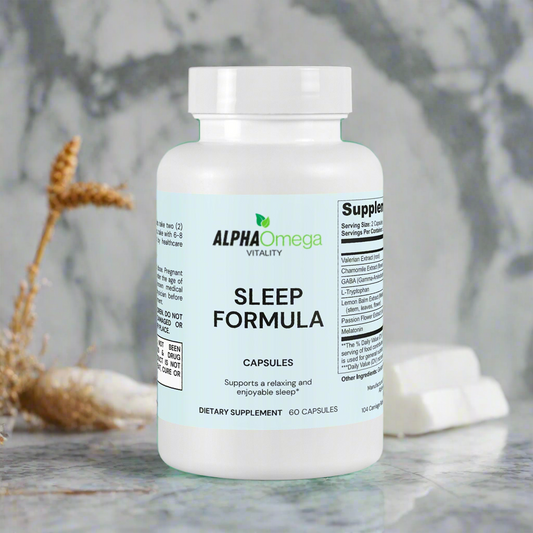 Alpha Omega Vitality natural sleep formula supplement in capsule form for a relaxing and enjoyable sleep