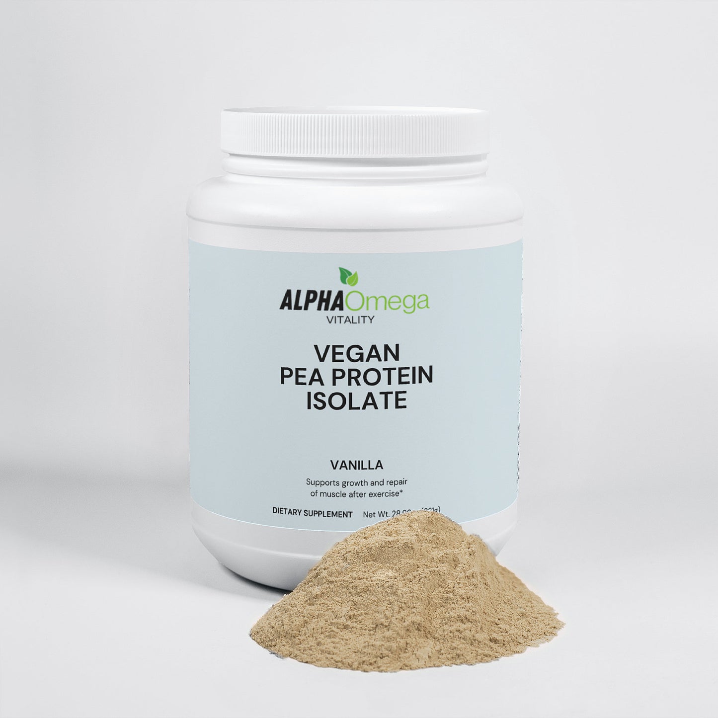 Alpha Omega Vitality vegan vanilla protein powder in a white container with a scoop of powder