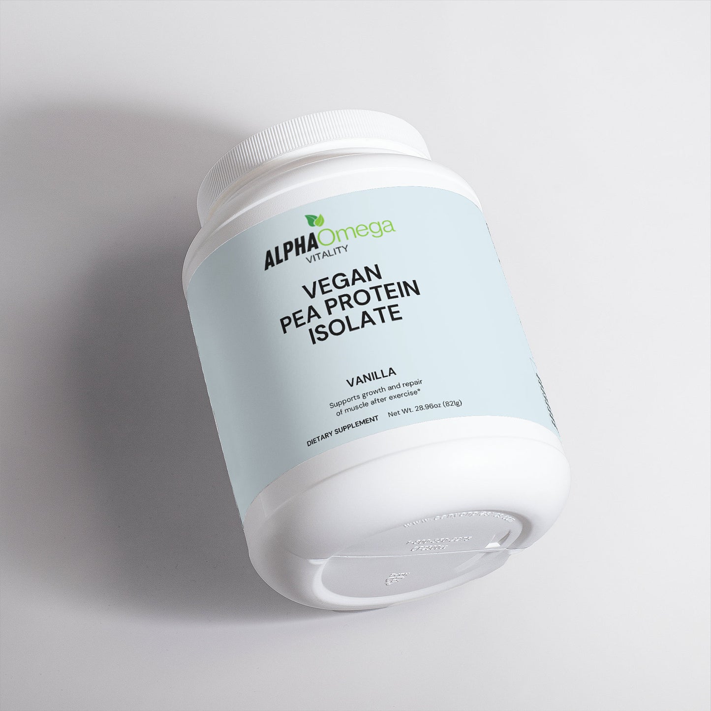 Alpha Omega Vitality vegan vanilla protein powder in a white tub for healthy nutrition