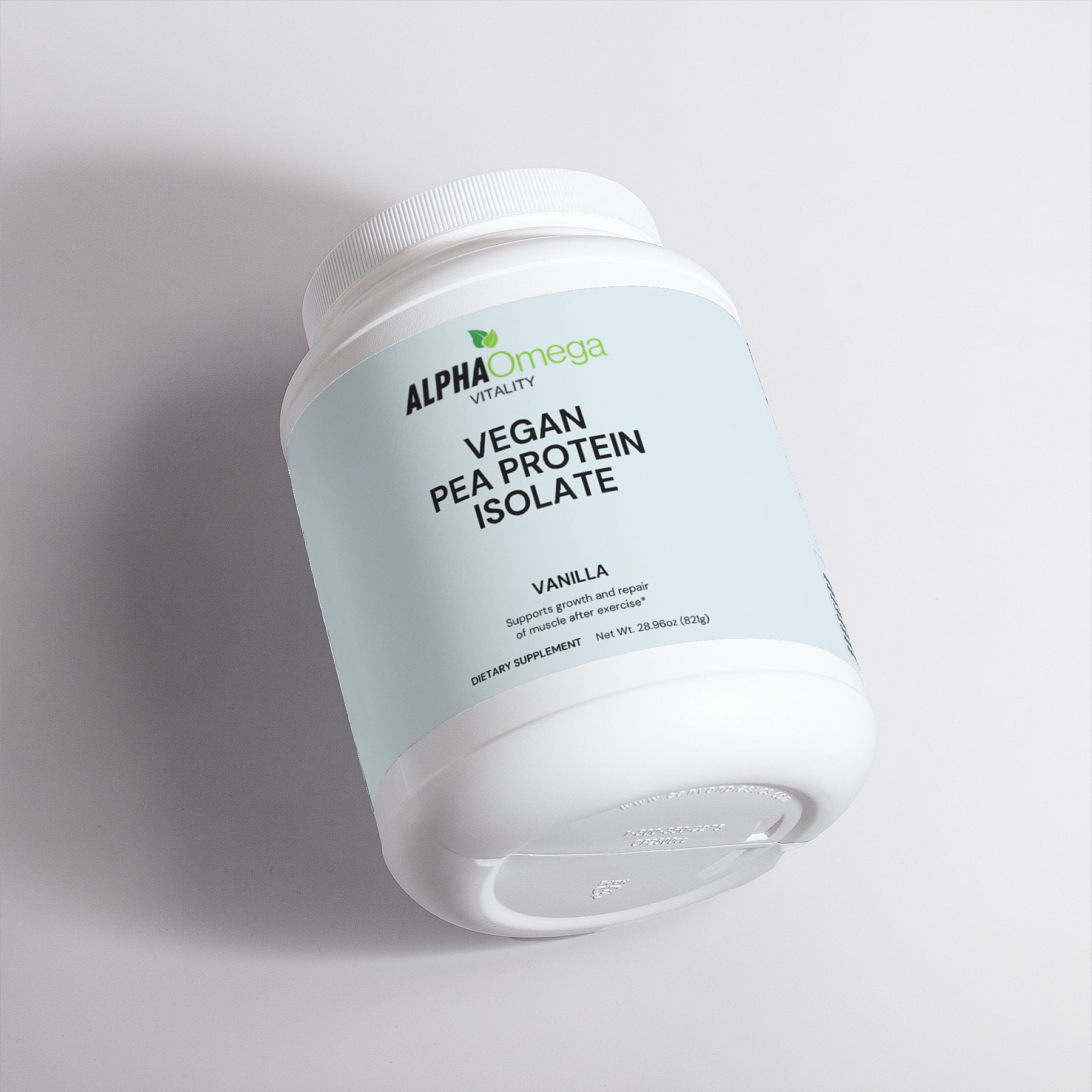 Alpha Omega Vitality vegan vanilla protein powder in a white tub for healthy nutrition