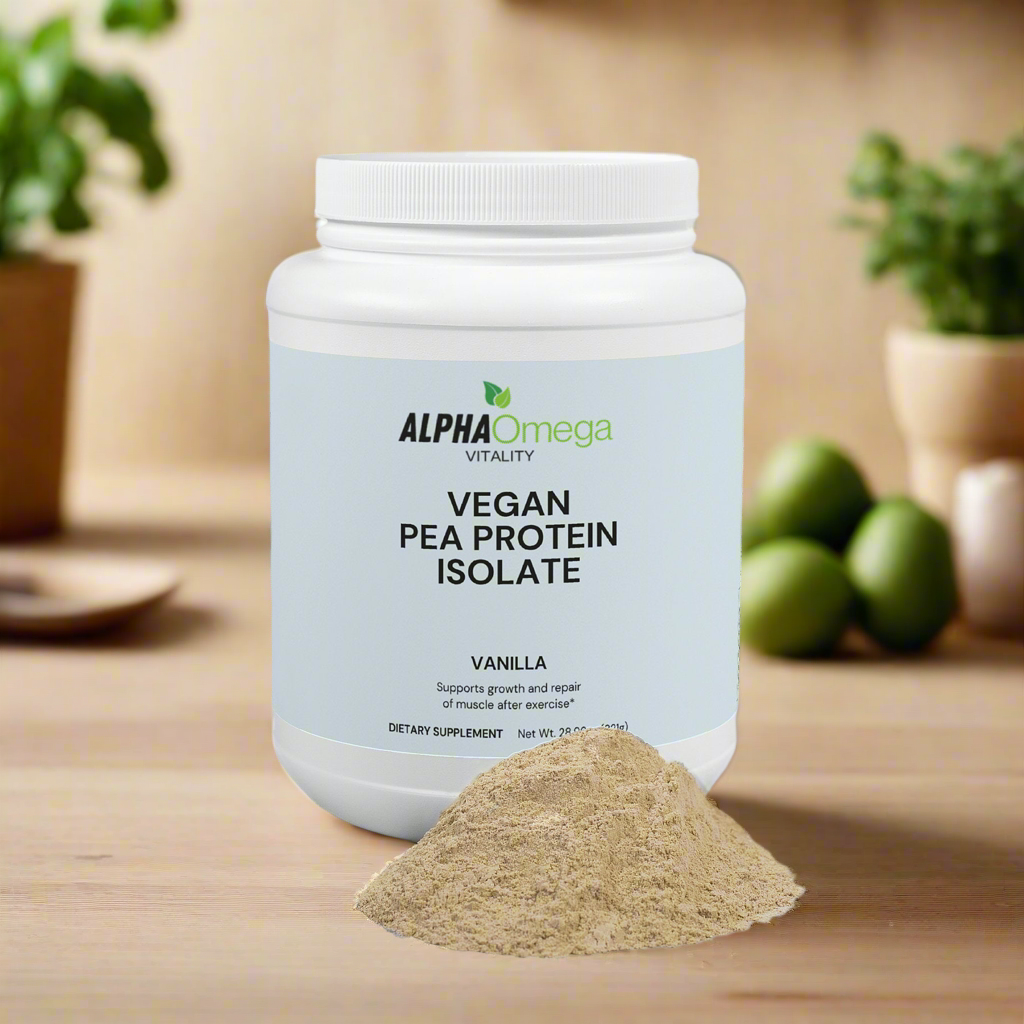 Alpha Omega Vitality vegan vanilla protein powder in a white container with a scoop of protein beside it