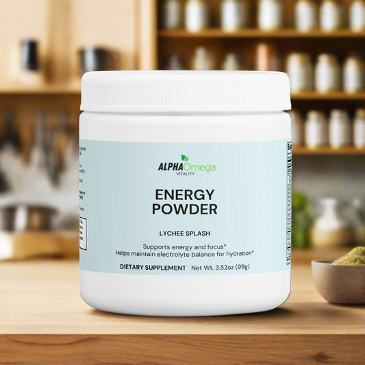 Alpha Omega Vitality Lychee Splash Energy Powder, a natural energy supplement for hydration and focus