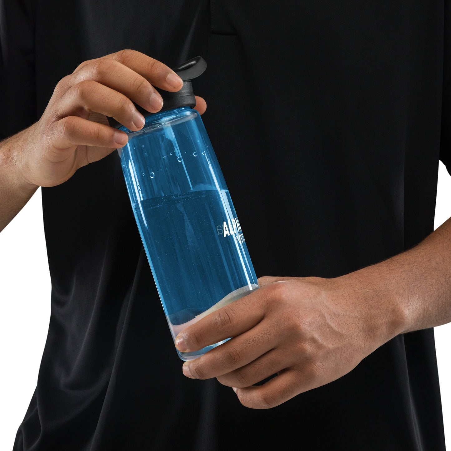Alpha Omega Vitality premium sports water bottle with a sleek design and a secure cap, perfect for athletes
