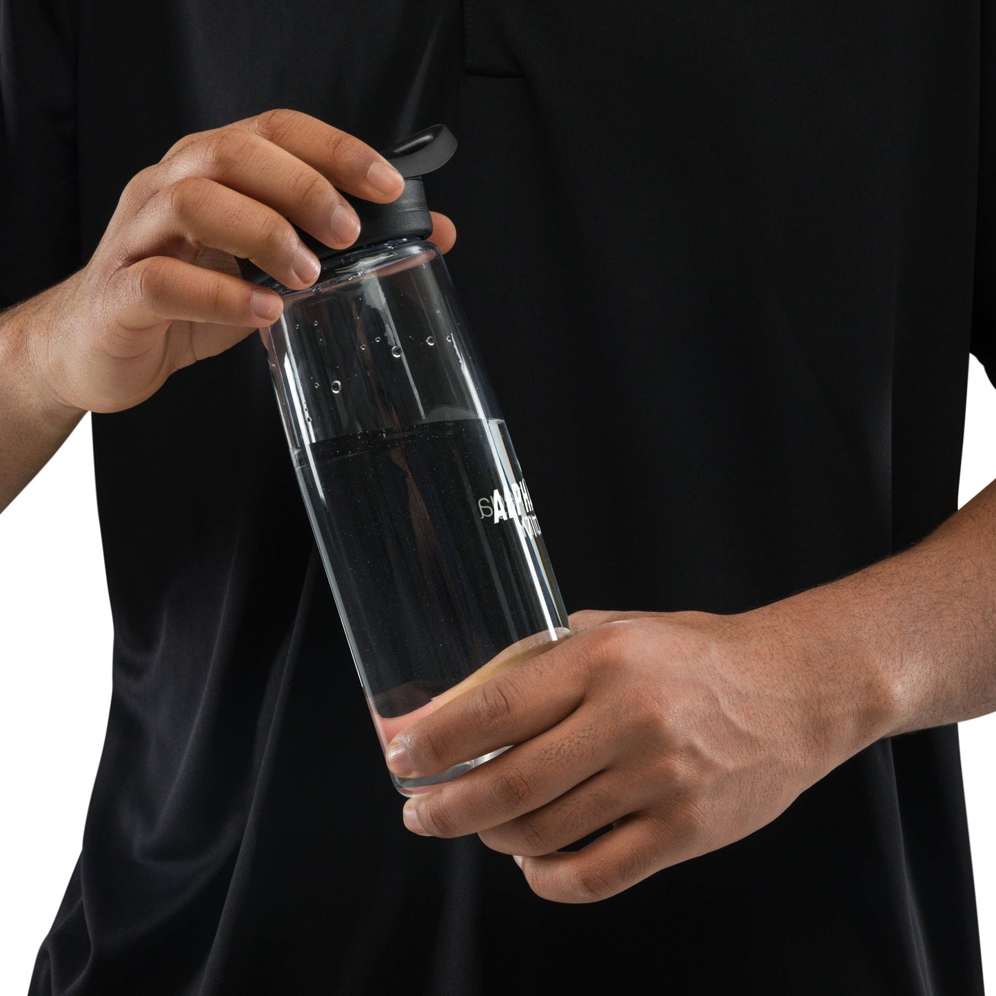 Alpha Omega Vitality premium sports water bottle held by a person with a sleek design for hydration on the go