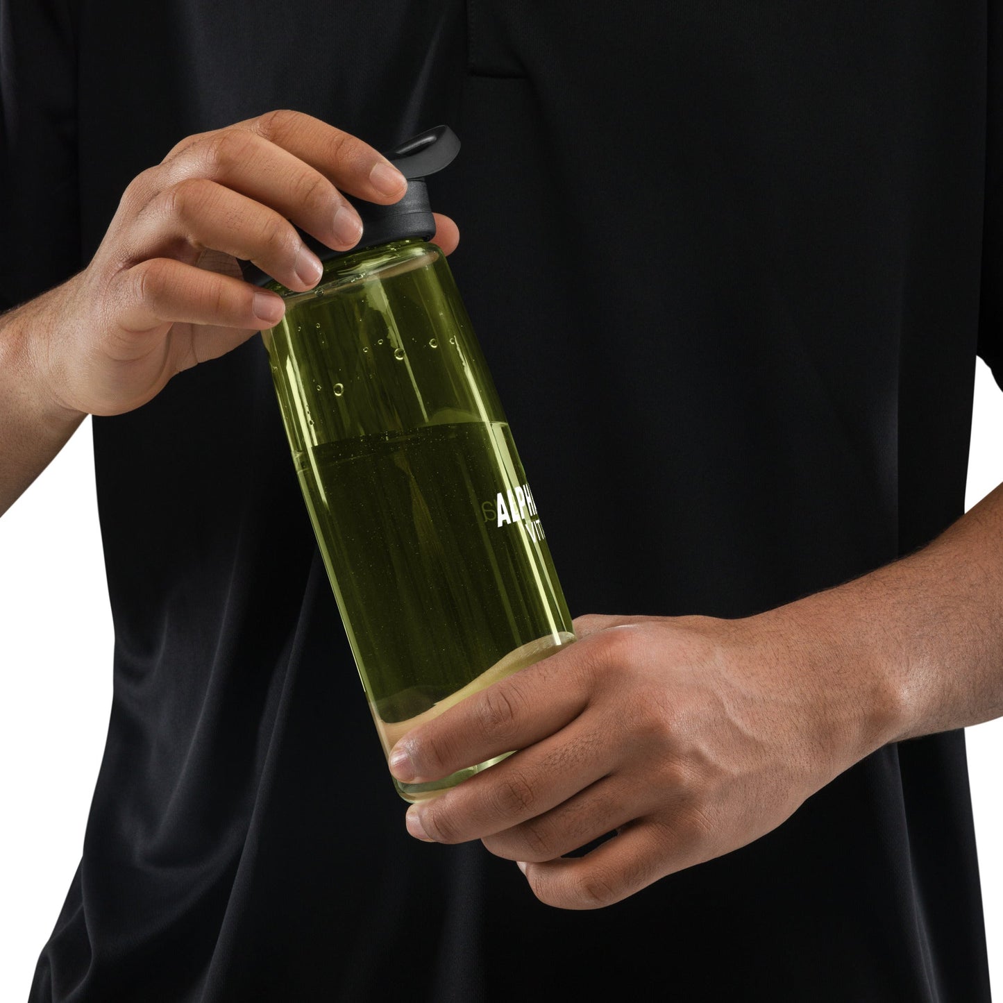 Alpha Omega Vitality premium sports water bottle held in hand with a sleek design