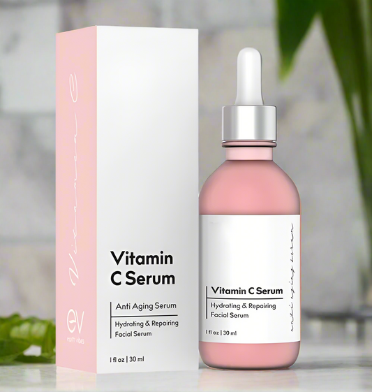 Alpha Omega Vitality premium vitamin C serum for anti-aging and hydration in a pink glass bottle