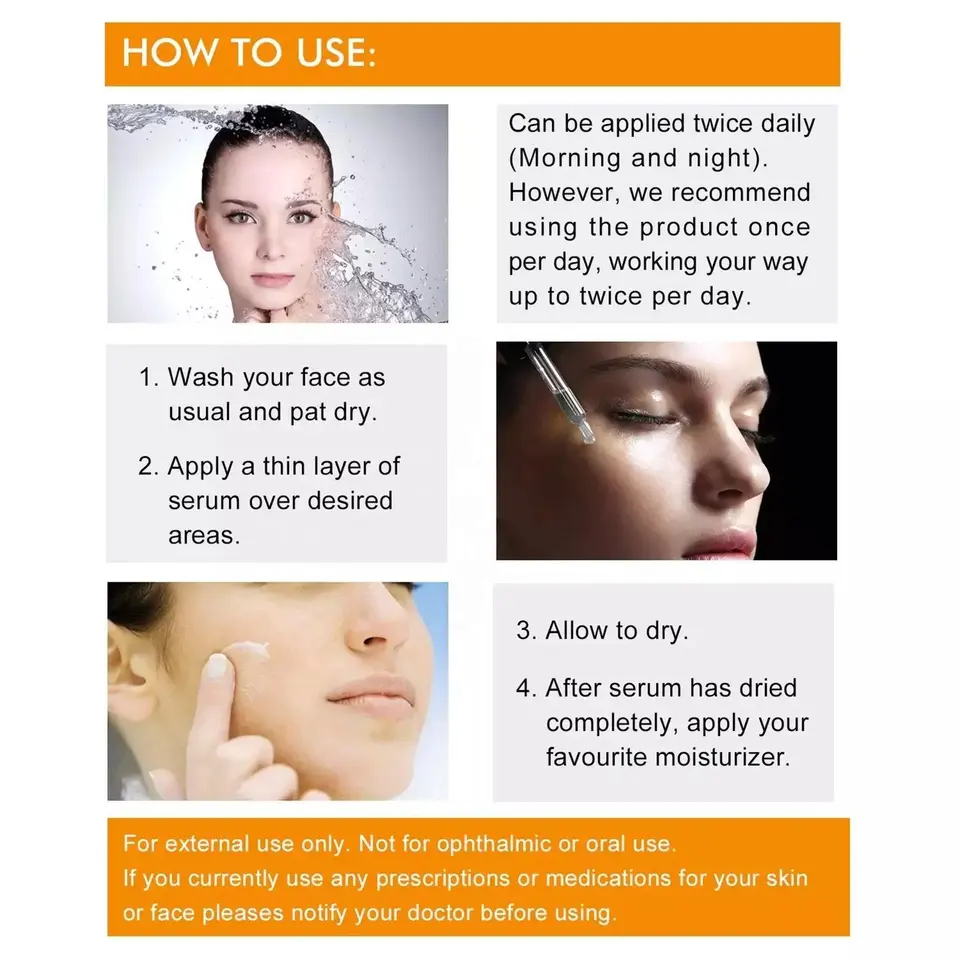 Instructions for using premium vitamin C serum including washing, applying, and moisturizing steps
